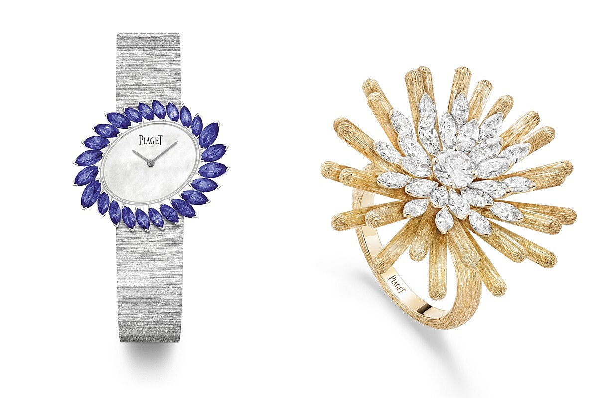 (左)「蔚藍瀑布」藍寶石頂級珠寶腕錶。(右)「永恆之陽」頂級珠寶鑽石戒指。