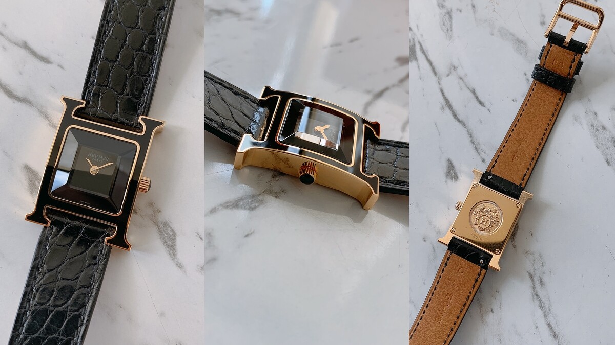 Hermes愛馬仕 H Hour系列 玫瑰金與黑色清漆材質腕錶