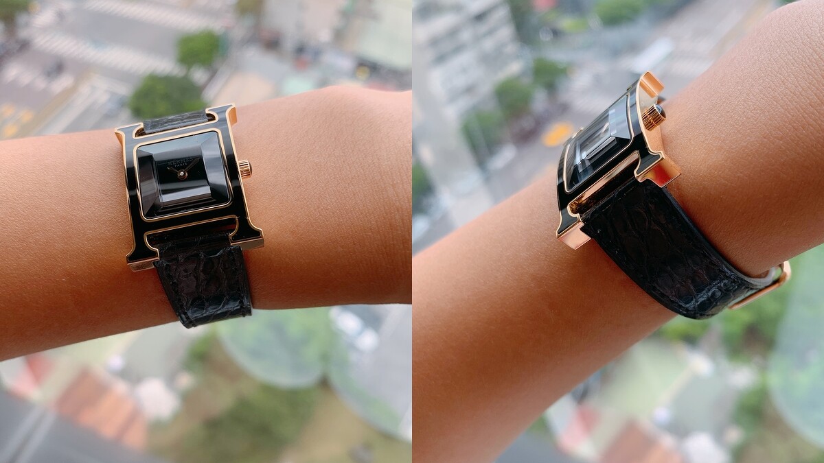 Hermes愛馬仕 H Hour系列 玫瑰金與黑色清漆材質腕錶