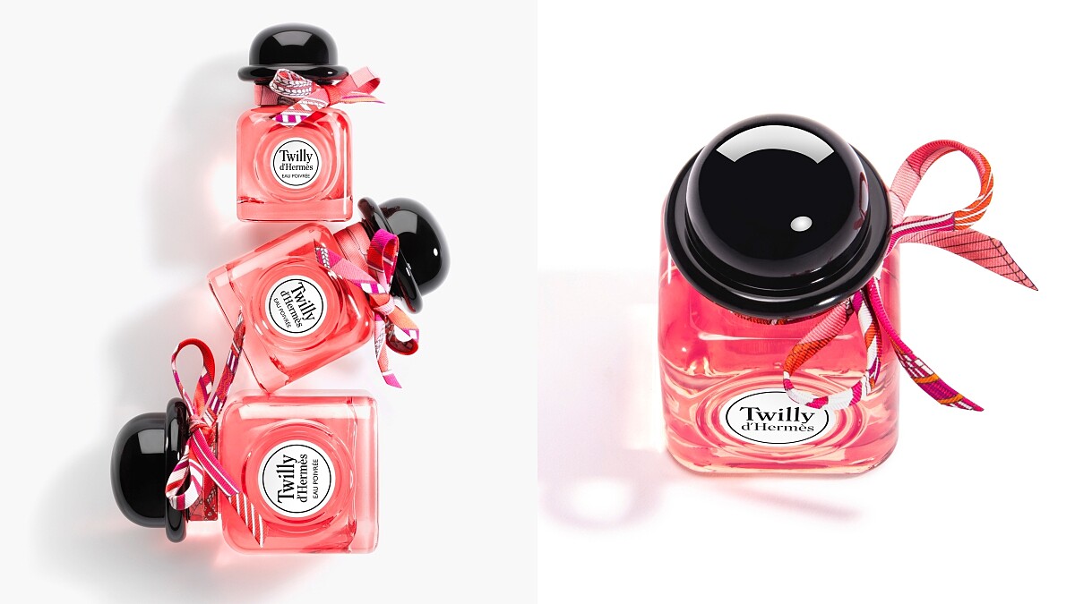 愛馬仕Twilly絲巾香水新成員「Twilly Eau Poivrée 淡香精」，玫瑰粉紅瓶身+小小Twilly絲帶還是讓人看了眼冒愛心