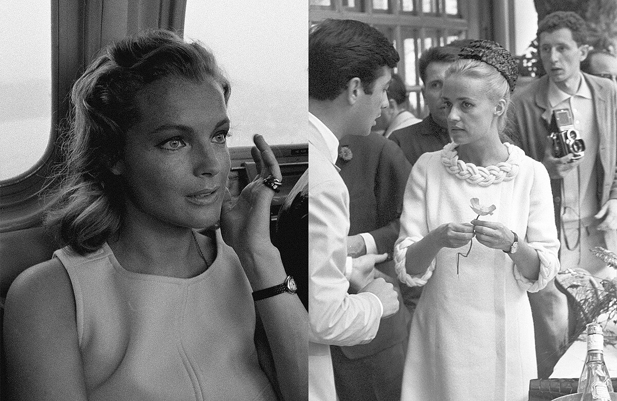 左：1950年代因出演《茜茜公主》三部曲而紅極一時的女星羅美‧雪妮黛（Romy Schneider），佩戴Baignoire腕錶出席活動，以簡單的造型展現個人風格。 右：法國傳奇影后珍妮‧摩露（Jeanne Moreau），以當時流行的直筒小洋裝搭配Baignoire腕錶。