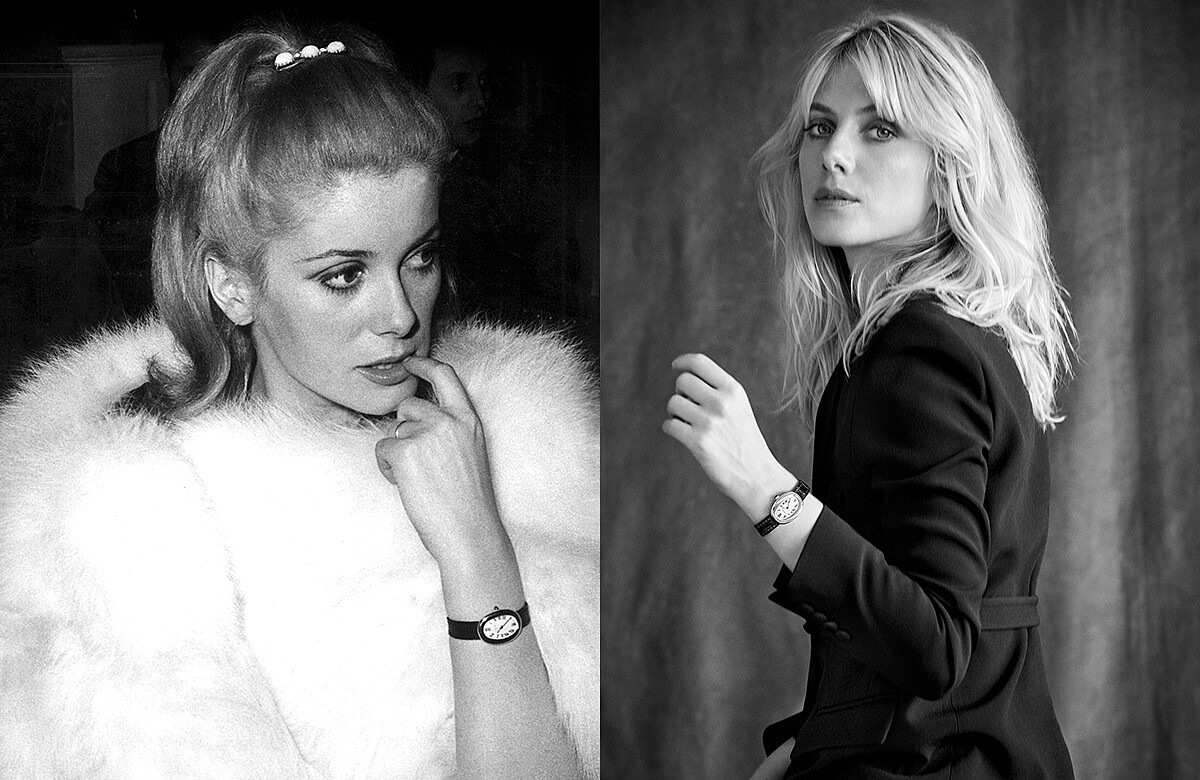 左：有法國第一美人之稱的女星凱薩琳‧丹妮芙（Catherine Deneuve），佩戴Baignoire腕錶展現性感魅力。 右：身兼具模特兒、導演、歌手、編劇等多項才藝的法國當代女演員梅蘭妮・蘿倫（Melanie_Laurent），為Baignoire腕錶詮釋出現代女性的知性魅力。