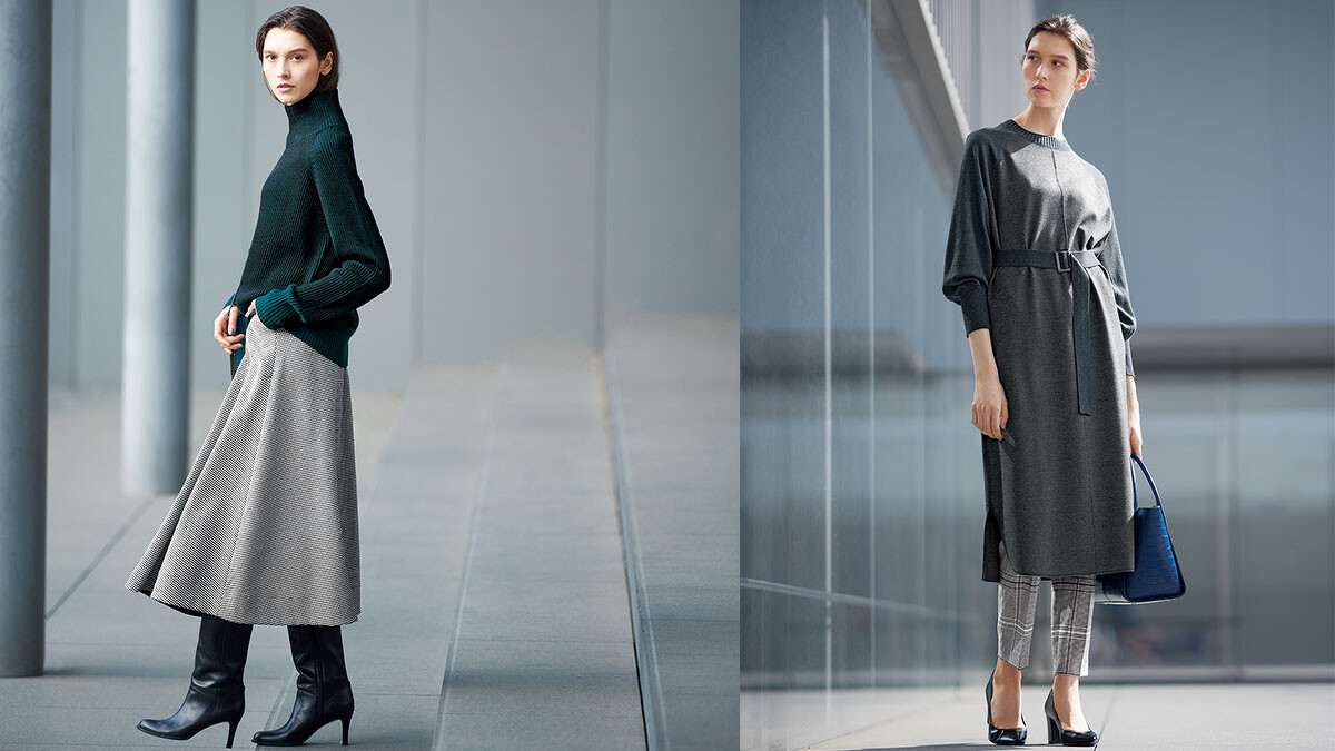 左：寬鬆份量感毛衣X千鳥格A字裙、右：格紋褲X羊毛洋裝 