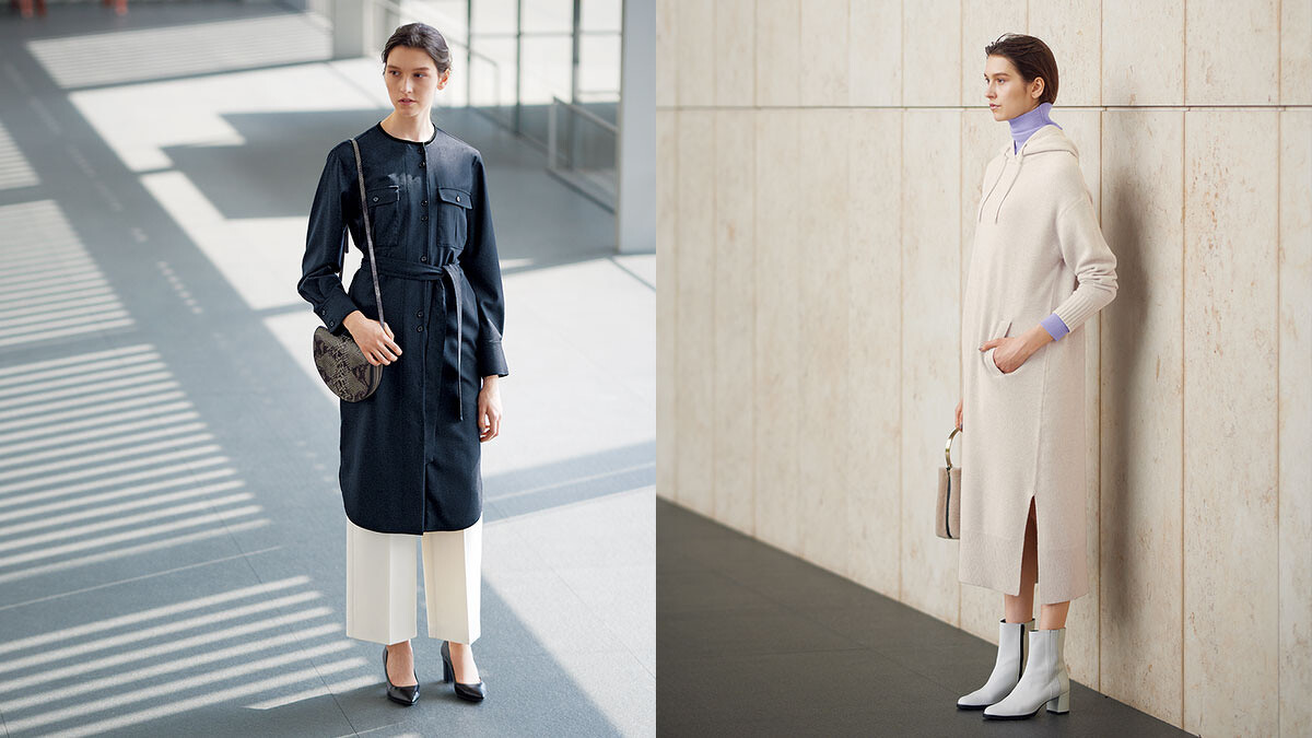 左：襯衫洋裝X寬褲、右：亮色高領毛衣X連帽羊毛洋裝 