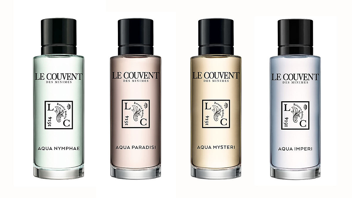 左至右：寧芙之水淡香水、仙境之水淡香水、謎漾之水淡香水、皇家之水淡香水