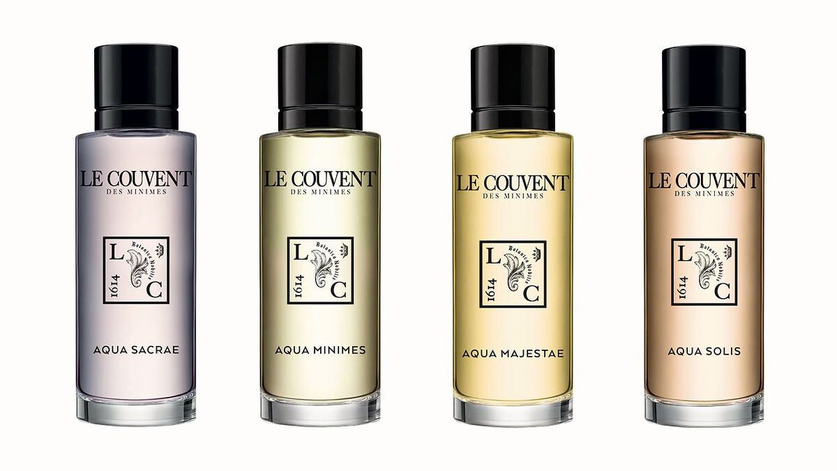 左至右：聖潔之水淡香水、米尼姆之水淡香水、天賜之水淡香水、陽光之水淡香水 共推出10ml／NT350、50ml／NT1,250、100ml／NT2,100容量大小貼心提供挑選。