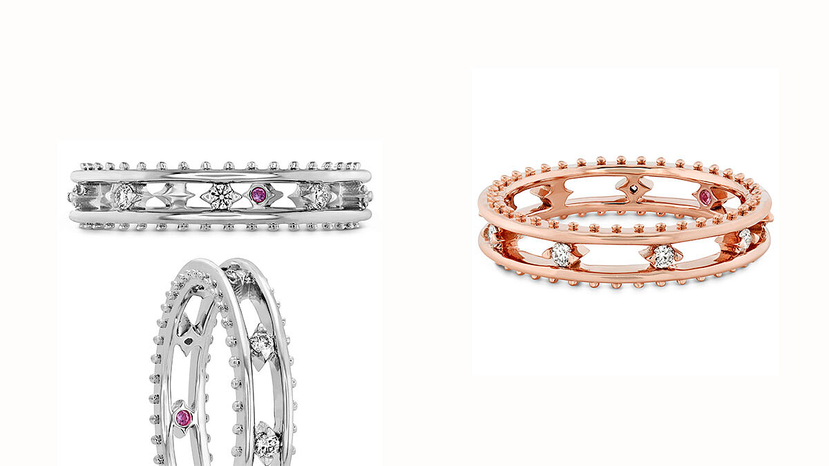 SLOANE PICOT FLOATING DIAMOND戒指 白K金/玫瑰金款式，鑽石、粉紅剛玉。SLOANE PICOT FLOATING DIAMOND戒指 玫瑰金，鑽石、粉紅剛玉