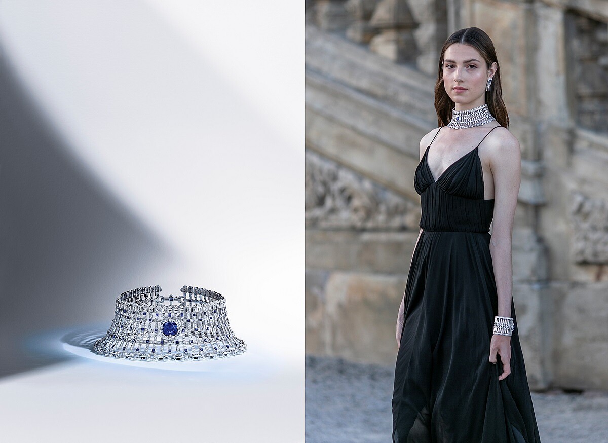 路易威登 Riders of the Knights 系列白金頸鏈，中央 鑲嵌 19.31 克拉藍寶石，配以 16.96 克拉藍寶石及 58.71 克拉鑽石。