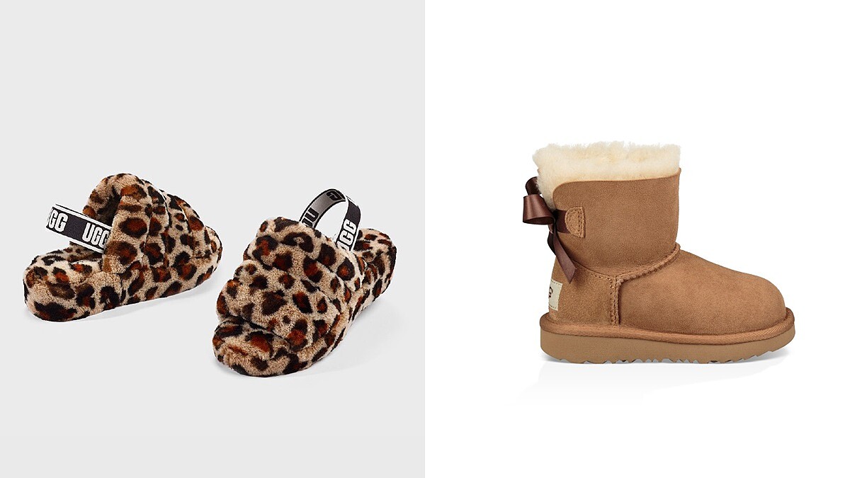 禦寒神器UGG毛茸茸FLUFF YEAH涼鞋推出豹紋款,還有童鞋系列的蝴蝶結經典雪靴