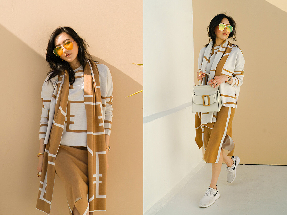 鎖鍊織紋印花上衣 $15,300/運動風針織長裙 $13,300/鎖鍊織紋印花圍巾 $7,300