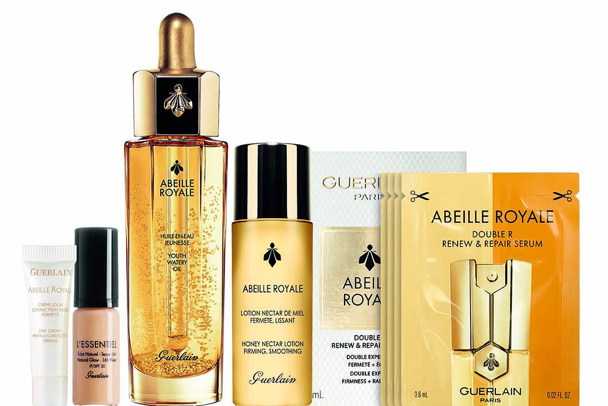 超人氣皇家蜂王乳平衡油組49折優惠：皇家蜂王乳平衡油30ml(正品)/皇家蜂王乳蜜露 40ml/皇家蜂王乳雙導精華7日體驗禮/皇家蜂王乳UV修護隔離乳3ml/嬌蘭亮顏裸光純萃粉底液精巧版