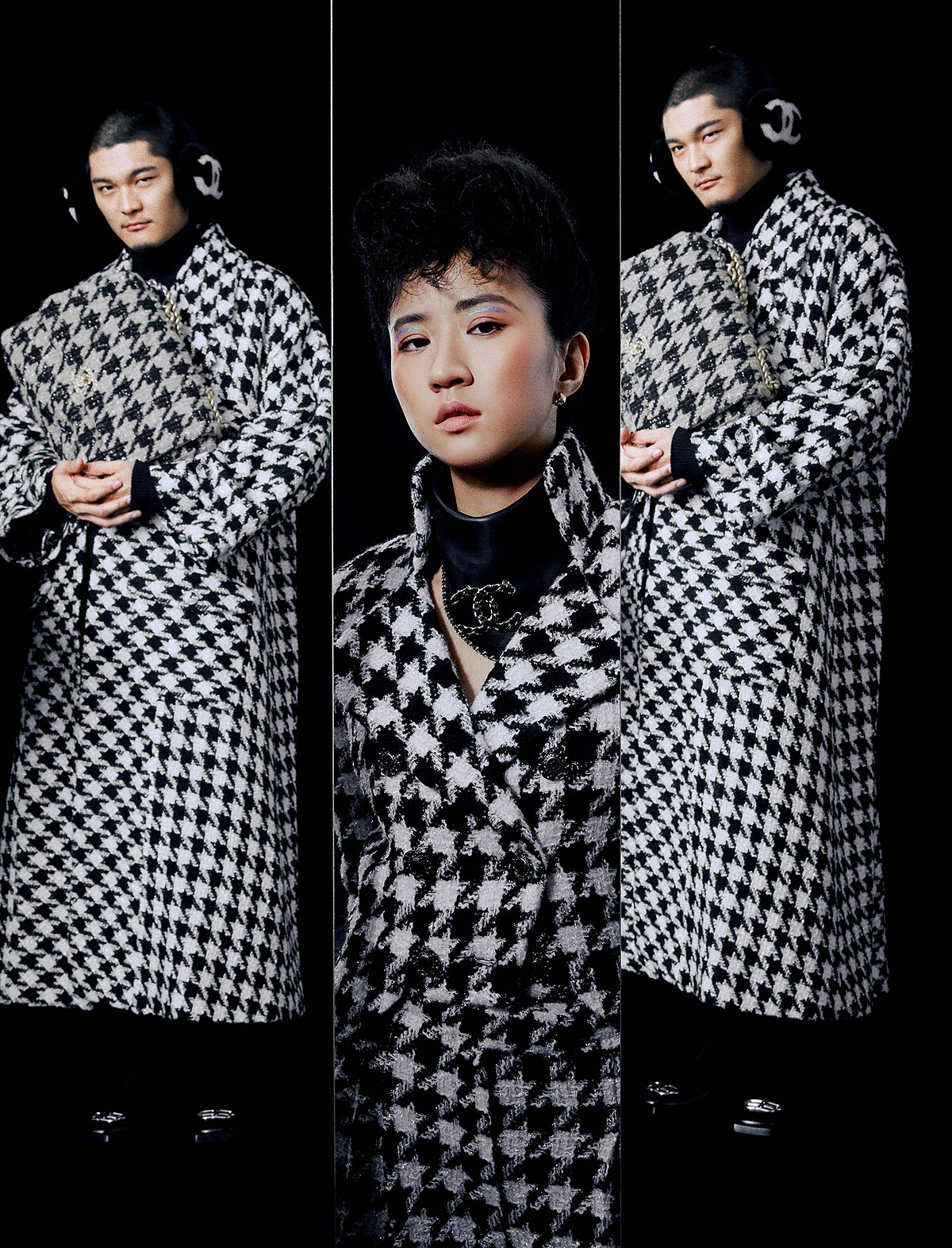 1. (9M88)千鳥格斜紋軟呢外套、斜紋軟呢長褲、白色厚底鞋、皮質領巾、千鳥格鍊帶包、金質 Coco Crush 戒指多只，all by Chanel。(Leo王)千鳥格斜紋軟呢大衣、雙C Logo 耳罩both by Chanel；黑色高領針織衣、黑色長褲、皮靴，all by Balenciaga。