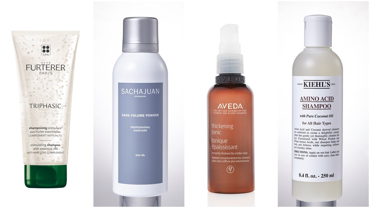 Rene Furterer 三項森髮激活髮浴，NT1,380。／Sachajuan 專業豐盈彈力粉霧，NT970。／Aveda 花植豐厚造型霧，NT1,200。／Kiehl&rsquo;s 胺基酸洗髮精，NT840。