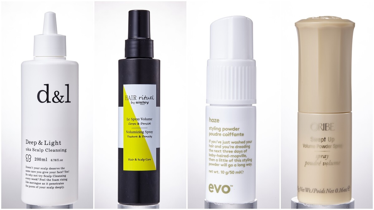 Uka uka頭皮淨化液，NT980。／Sisley Hair Rituel豐盈澎澎髮噴霧，NT2,700。／Evo 鬆粉。／oribe鬆鬆粉噴霧，NT1,450。