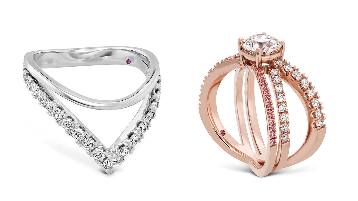 Harley Wrap戒指 (白K金、鑽石、粉紅剛玉、主鑽0.30ct起)；Harley Go Boldly戒指 (白K金、鑽石、粉紅剛玉)；Harley Silhouette戒指 (白K金，鑽石、粉紅剛玉)；Harley Wrap戒指 (玫瑰金、鑽石、粉紅剛玉、主鑽)。