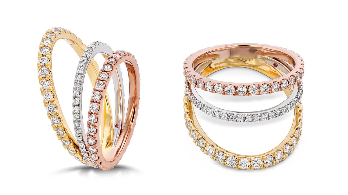 Bring The Drama戒指 (鉑金、玫瑰金、黃K金、鑽石、粉紅剛玉)。