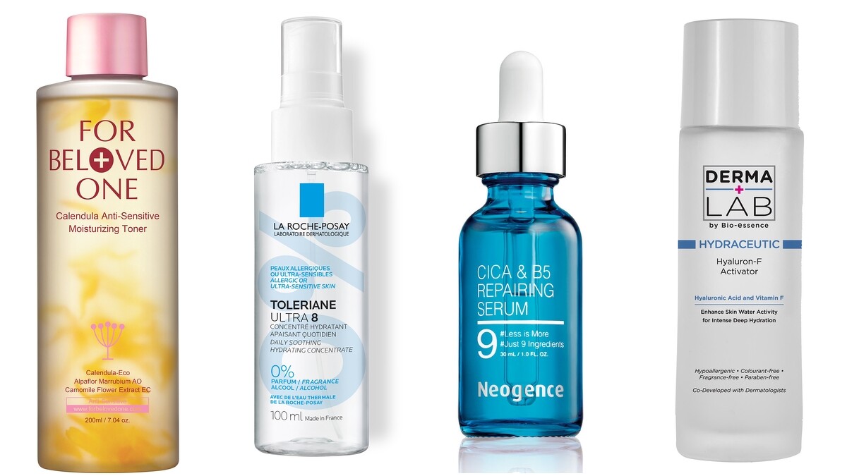 （推薦產品由左至右）1.寵愛之名 金盞花柔敏保濕化妝水，NT1,100。2.La Roche-Posay 多容安8效舒敏保濕噴霧，NT780。3.Neogence 積雪草B5修護純粹精華，NT1,200。4. Derma Lab 玻尿酸F保濕屏護激活水，NT950。