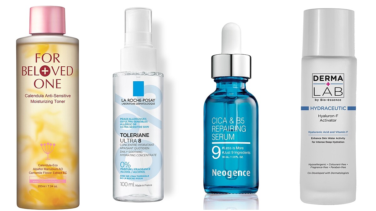 （推薦產品由左至右）1.寵愛之名 金盞花柔敏保濕化妝水，NT1,100。2.La Roche-Posay 多容安8效舒敏保濕噴霧，NT780。3.Neogence 積雪草B5修護純粹精華，NT1,200。4. Derma Lab 玻尿酸F保濕屏護激活水，NT950。