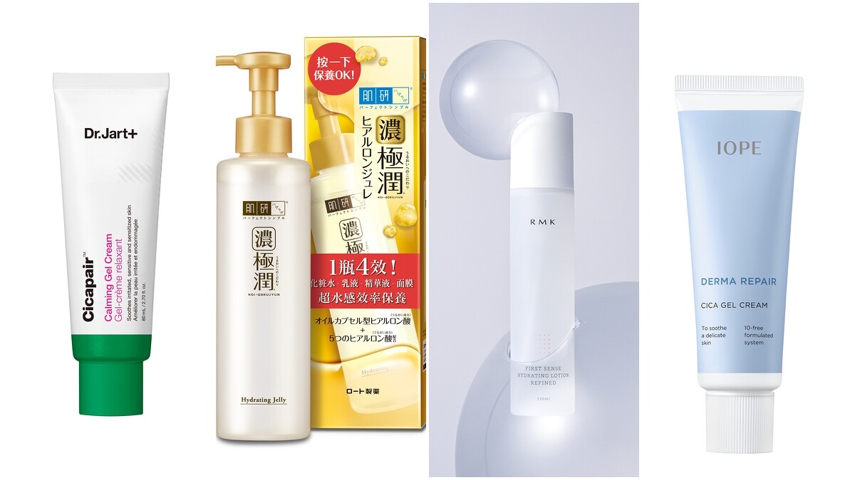 （推薦產品由左至右）1.肌研極潤多效精華水感凝露，NT620。2.Dr.Jart+老虎草呼呼修護水凝霜，NT1,450。3.RMK 煥膚美肌露（保濕型），NT1,400。4.IOPE能親膚敏感呵護凝凍，NT1,080。