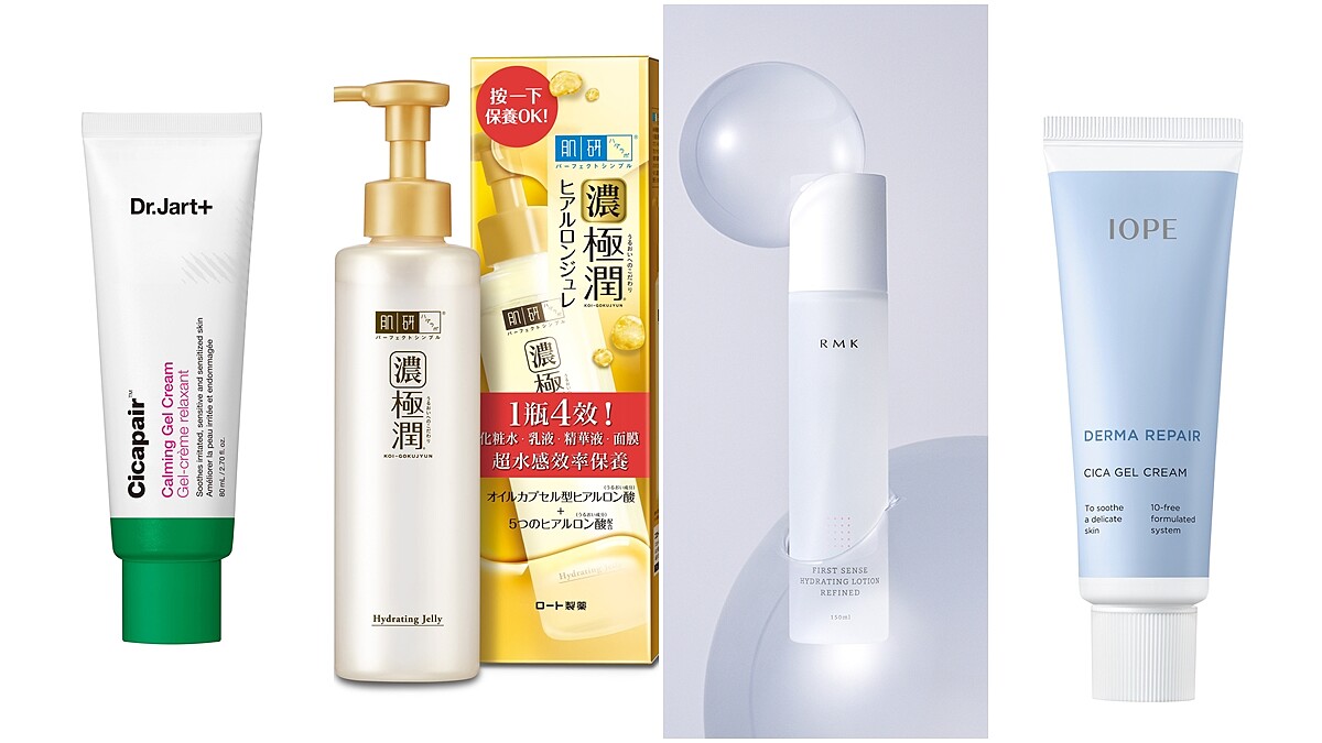 （推薦產品由左至右）1.肌研極潤多效精華水感凝露，NT620。2.Dr.Jart+老虎草呼呼修護水凝霜，NT1,450。3.RMK 煥膚美肌露（保濕型），NT1,400。4.IOPE能親膚敏感呵護凝凍，NT1,080。