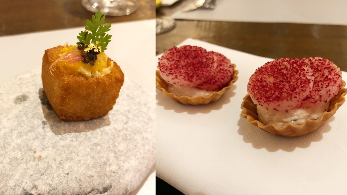 左為「柚香府城秋蟹魚子醬發財板」;右為「虱目魚西瓜綿小塔」