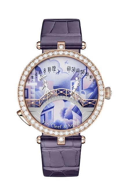 除了七點鐘方向新加入的按把牽動裝置外，日間款的戀人橋作品與四季主題的高級珠寶款式，都是今年很有看頭的作品。Lady Arpels Pont des Amoureux Jour 日間款腕錶 (正面)。