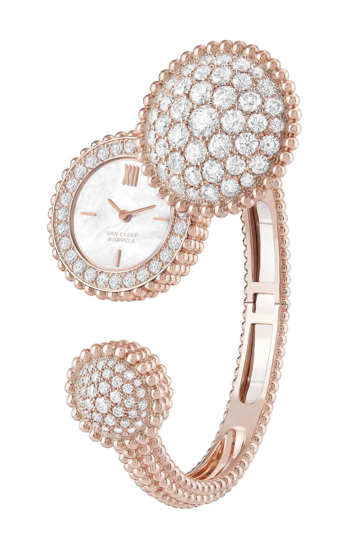 Van Cleef & Arpels Perlee 手鐲腕錶 (玫瑰金、白色珍珠母貝及鑽石鑲嵌)