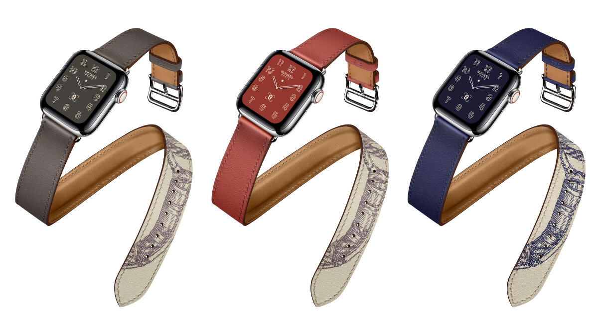 第五代 Apple Watch Herm&egrave;s 系列(40mm錶殼) 單色皮革與Della Cavalleria 絲巾印花拼接雙圈 Swift 小牛皮錶帶，售價NT15,900，整組售價NT45,900