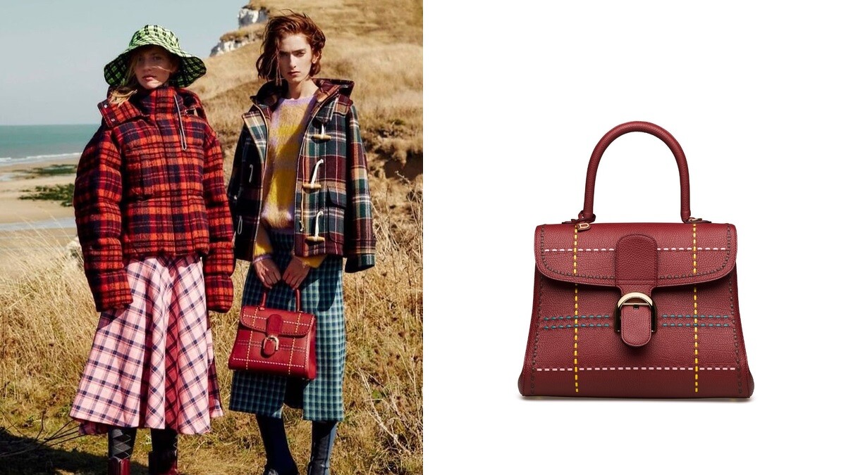 DELVAUX勃根地酒紅蘇格蘭紋中型牛皮手提包，NT218,600