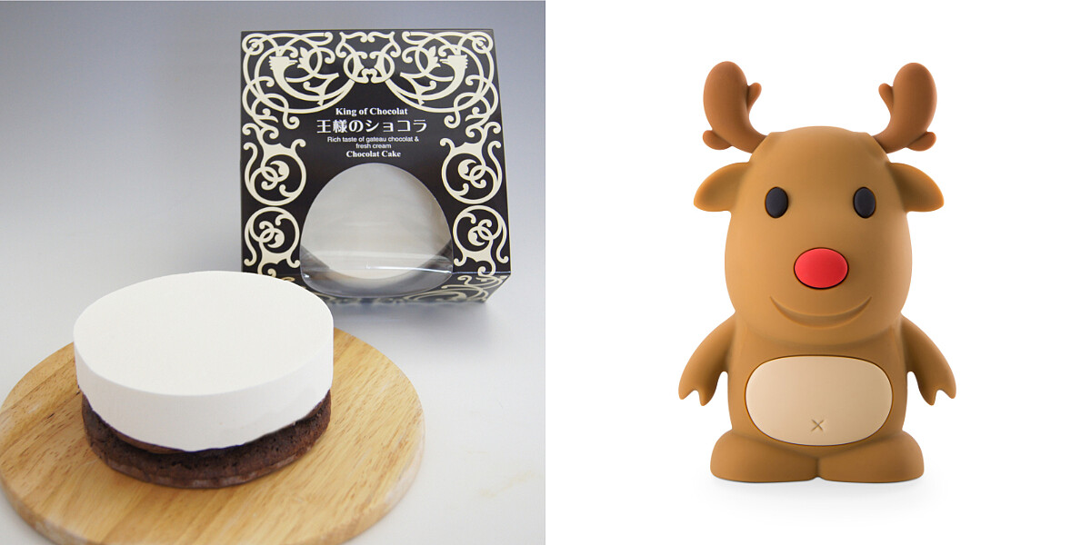 (左)岩瀬牧場 國王的生乳巧克力蛋糕 推薦價650元。 (右)膜點子 麋鹿造型行動電 推薦價1,850元。