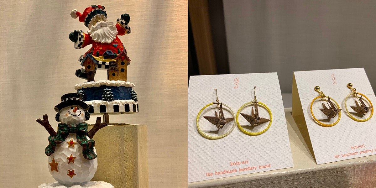 (左)日本三協株式會社SANKYO 歡樂聖誕雪精靈造型音樂盒 推薦價1,420元。 (右)koto-eri 紙鶴造型2號木質耳環 推薦價1,740元。