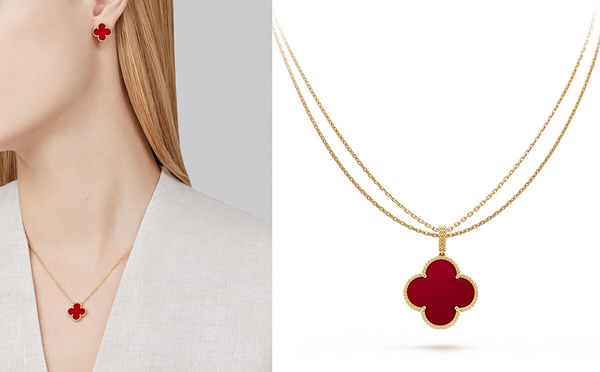 Vintage Alhambra 黃K金紅玉髓吊墜，NT88,000，Magic Alhambra紅玉髓單墜飾黃K金長項鍊，NT193,000。