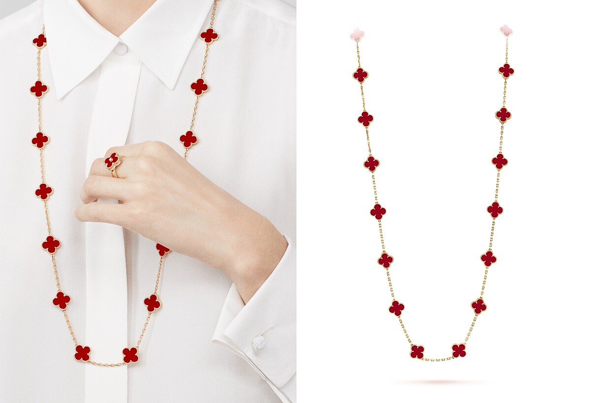 Vintage Alhambra 20枚紅玉髓墜飾黃K金長項鍊，NT529,000。