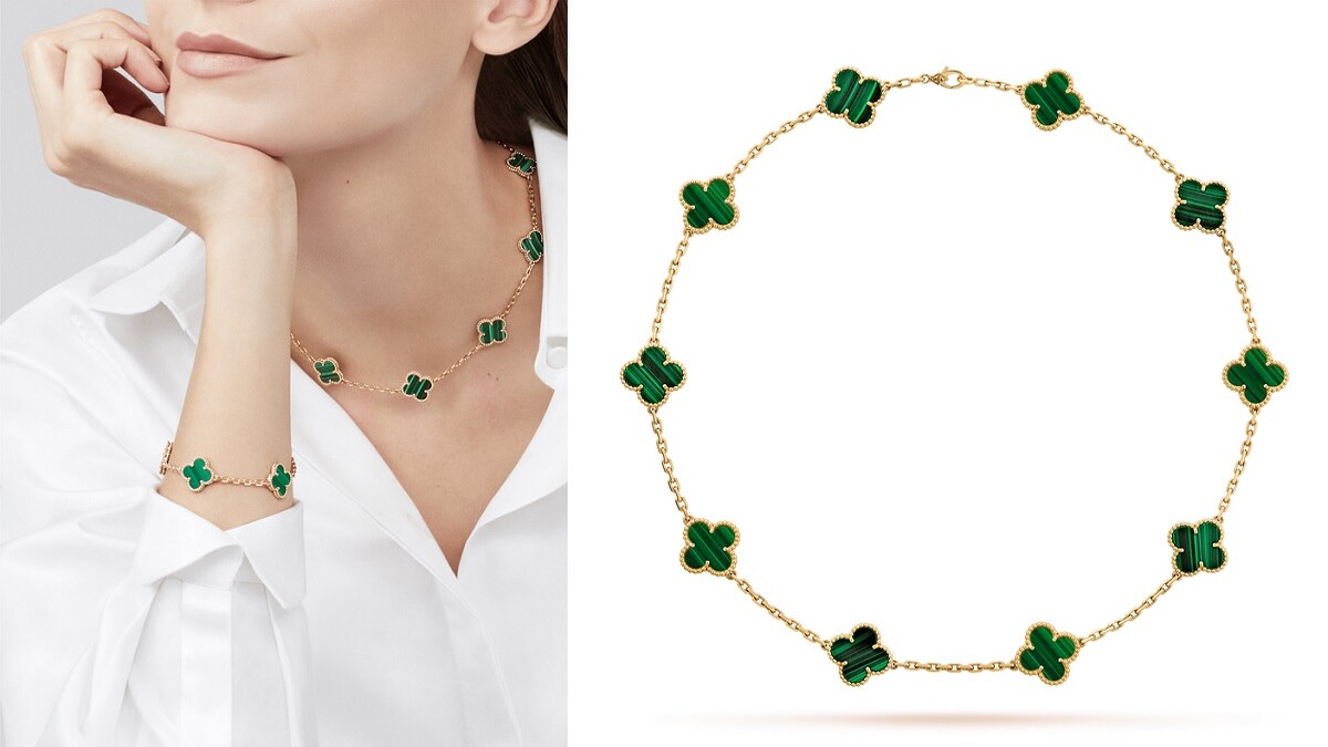 Vintage Alhambra 10枚孔雀石墜飾黃K金項鍊，NT279,000。