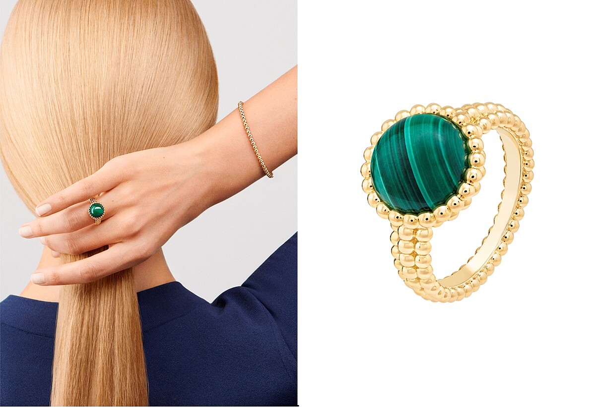 Perl&eacute;e couleurs黃K金孔雀石戒指，約NT73,000