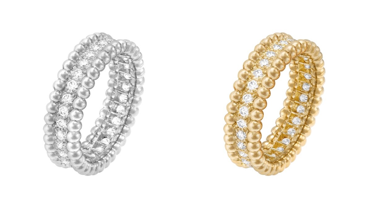 由左至右： Perl&eacute;e diamonds白K金鑽石戒指，約NT245,000、Perl&eacute;e diamonds黃K金鑽石戒指，約NT231,000。