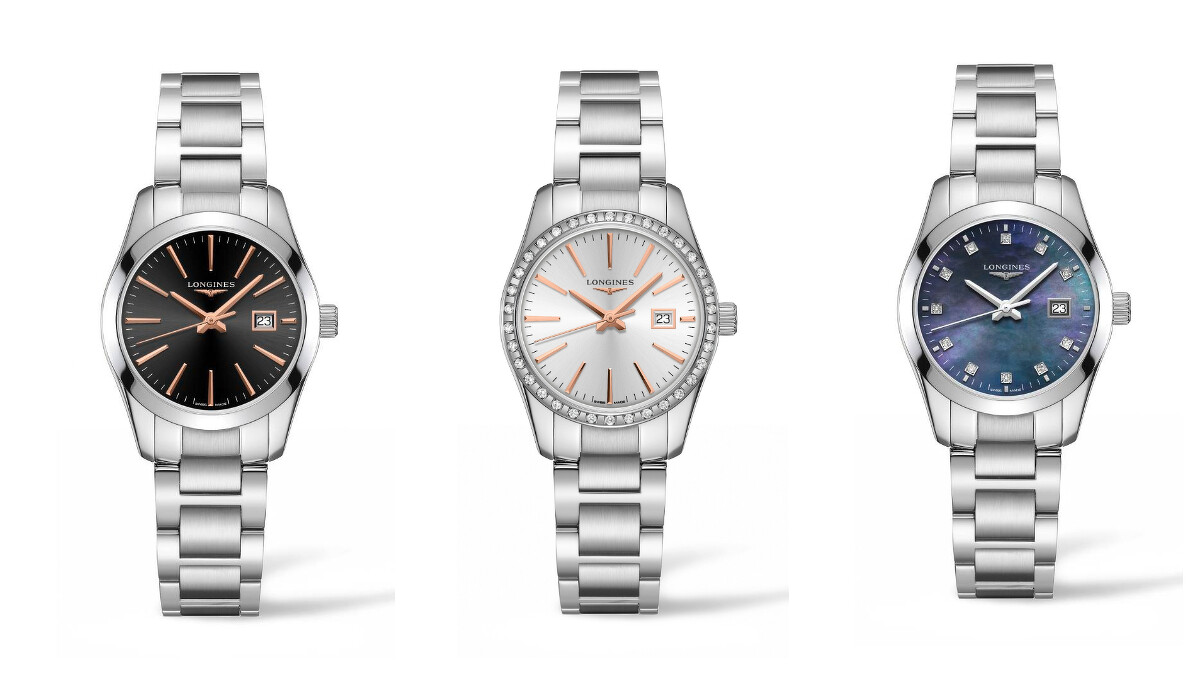左起：Longines 浪琴表 Conquest Classic 征服者經典系列黑色面盤女仕腕錶，NT29,400；銀面鑽圈女仕腕錶，NT74,300；黑色珍珠母貝面盤女仕腕錶，NT$43,200