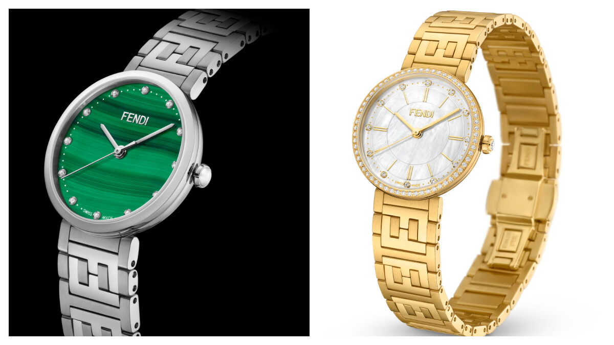 (左)天然孔雀石錶盤鑲嵌12顆鑽石時標腕錶，NT50,500； (右)白色珍珠母貝錶盤鑲嵌12顆鑽石時標和黃金色刻度腕錶，NT84,000