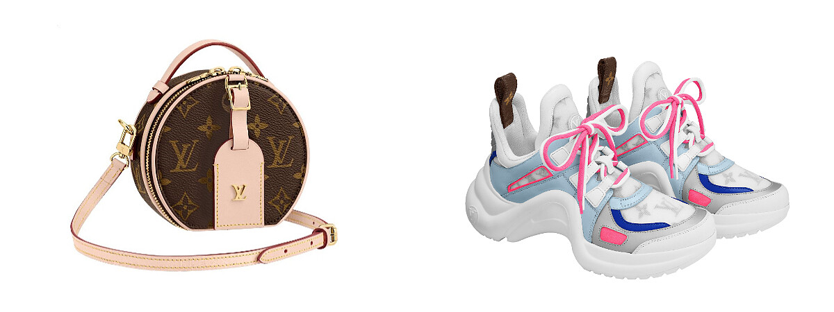 Mini Boite Chapeau in Monogram canvas手袋，NT69,000、LV Archlight sneakers in leather and technical fabric鞋款，NT40,400