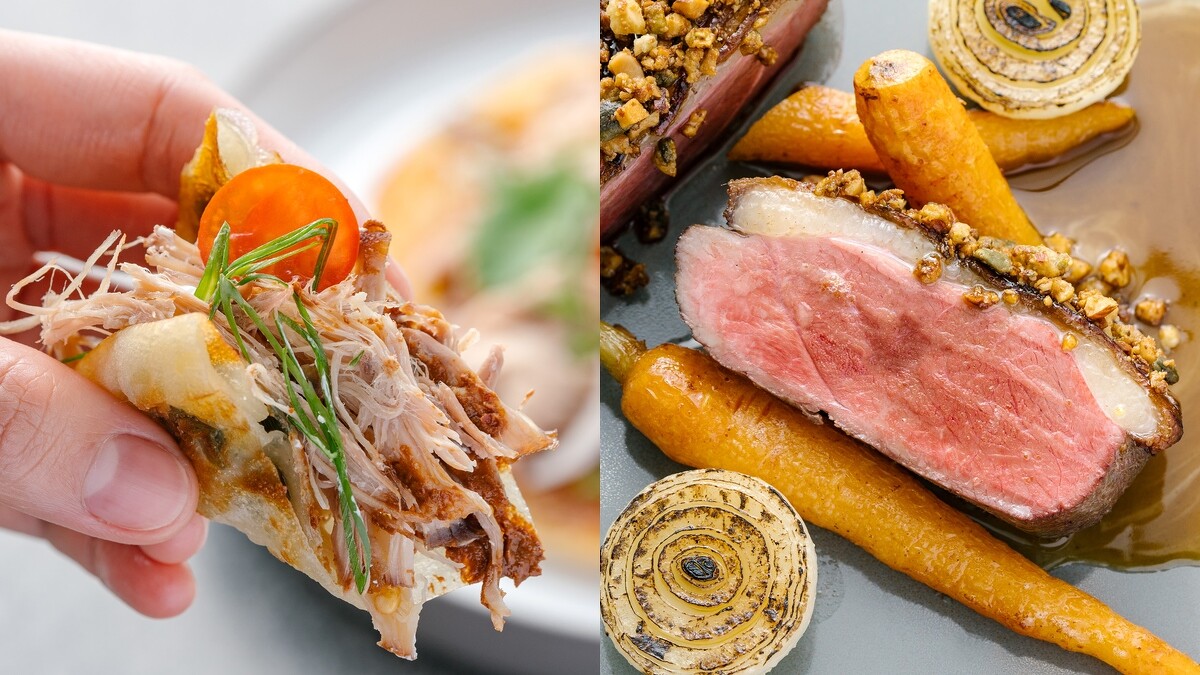 (左)油封鴨腿塔可、(右)咖啡鴨胸