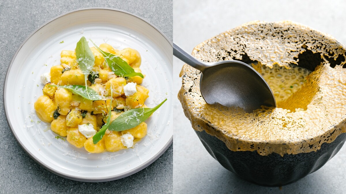 (左)地瓜麵疙瘩、(右)甜玉米湯