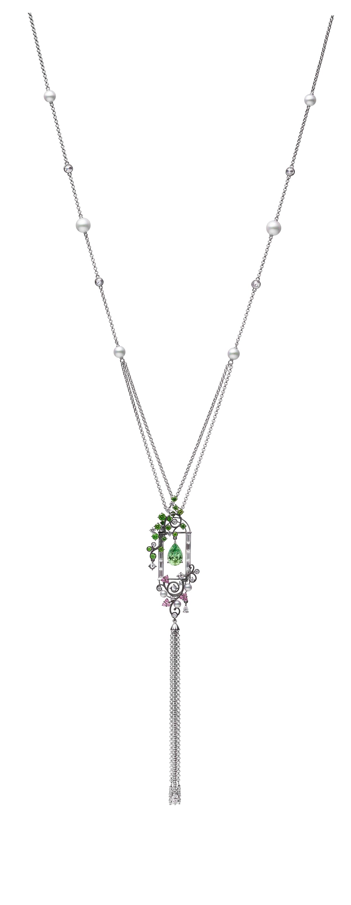 MIKIMOTO Jardin Mystérieux 祕密花園頂級珠寶系列 - 花園窗景造型流蘇墜鍊,參考價格NT1,700,000
