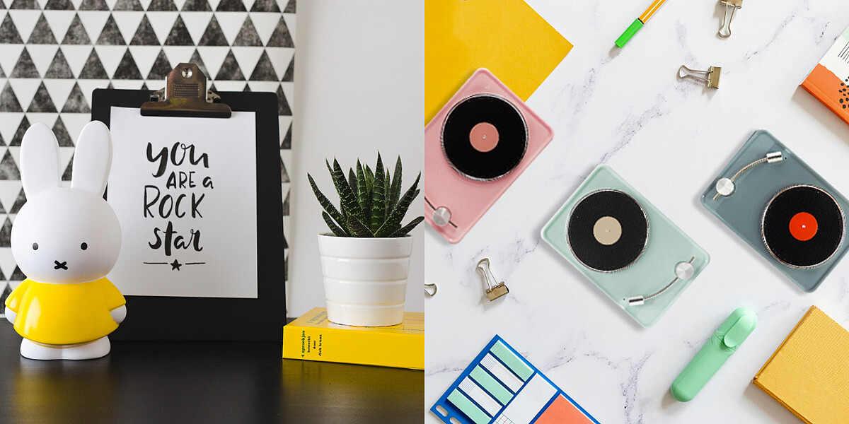 (左)Miffy造型存錢筒及小夜燈推薦粉絲們收藏(右)「iGRASS復古黑膠機藍牙音箱」超擬真復刻黑膠機