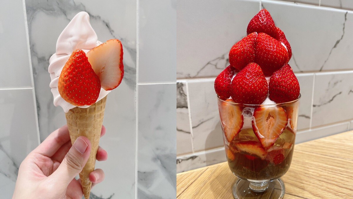 日本草莓霜淇淋 125元、台灣草莓聖代 220元