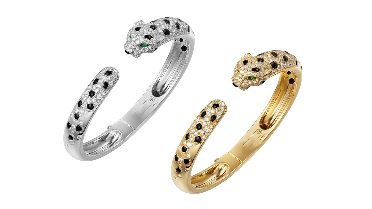 La Panth&egrave;re黃K金手環、白K金鑽石手環。