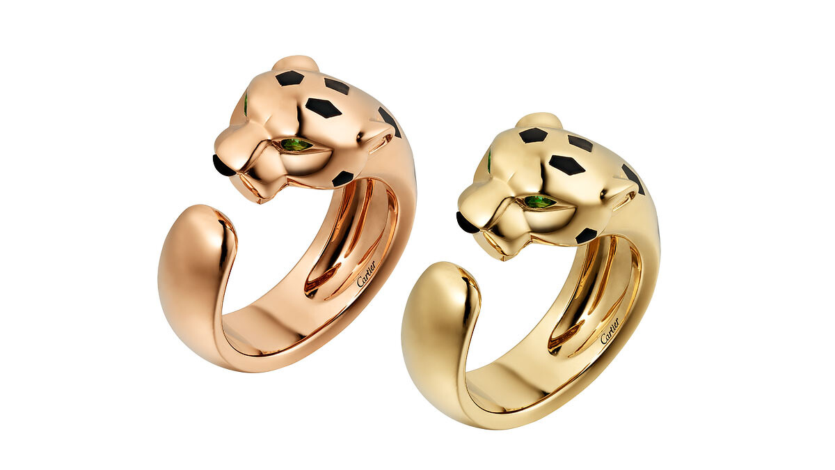 La Panth&egrave;re 玫瑰K金戒指、黃K金戒指(窄版)。