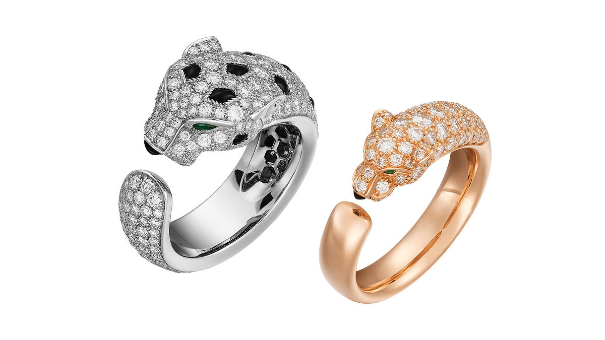 La Panth&egrave;re 白K金鑽石戒指、玫瑰K金鑽石戒指(窄版)。