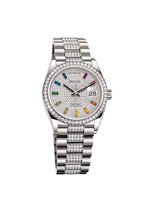 Day-Date 36 18ct白色黃金款 鑽石及彩虹漸變色藍寶石錶面