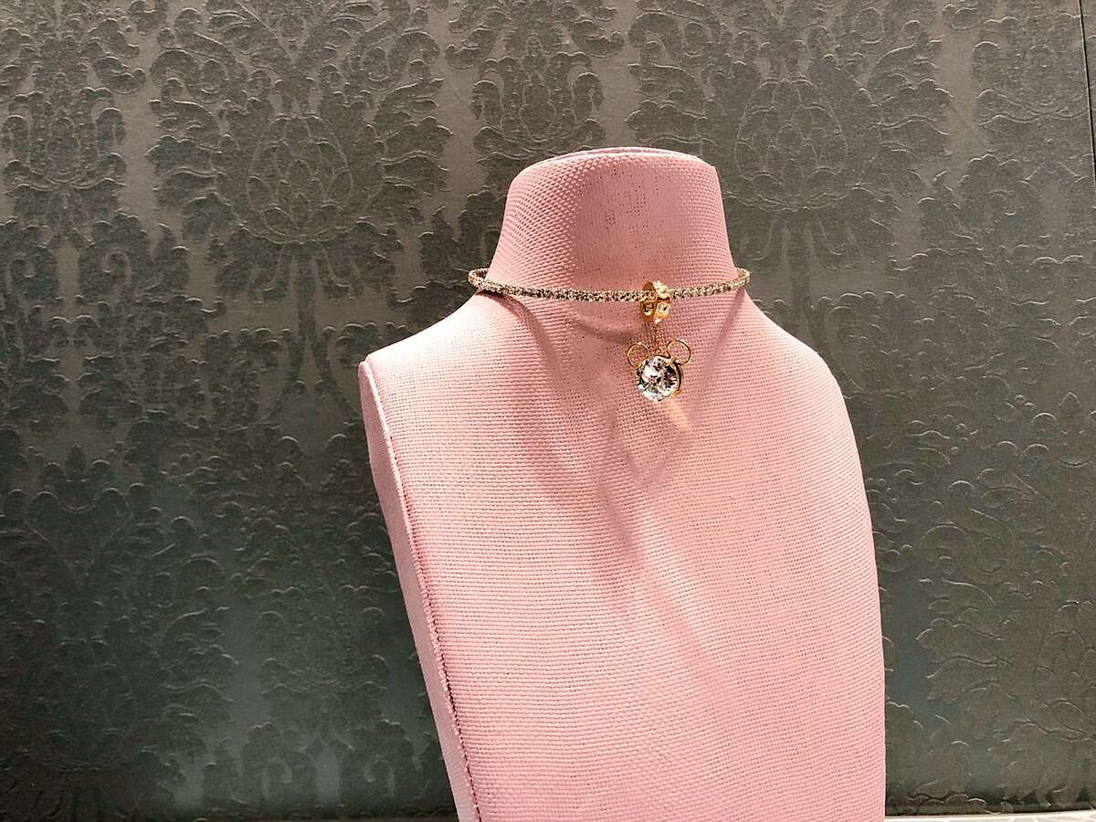 水鑽裝飾拆下後，裝在頸鏈上，立刻示範給妳看