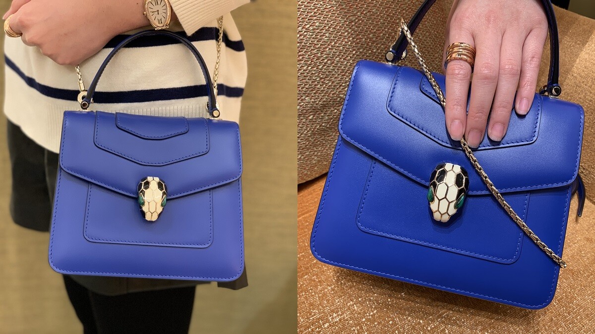 BVLGARI Serpenti Forever 鈷藍碧壐色小牛皮手提肩背包，NT91,900